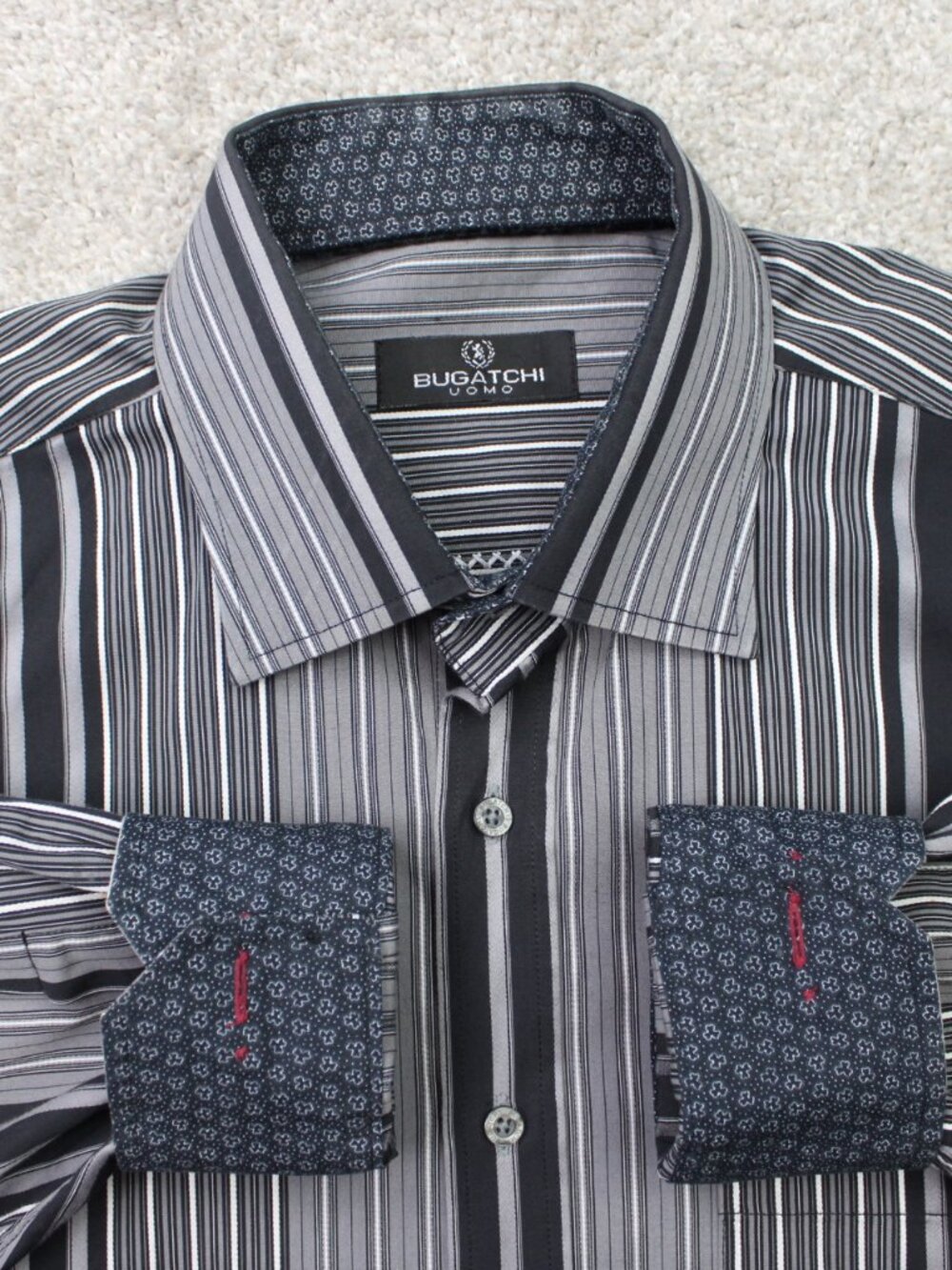 Bugatchi Uomo Shirt Mens 2XL XXL Gray/Black Striped Cotton Flip Cuff Long Sleeve